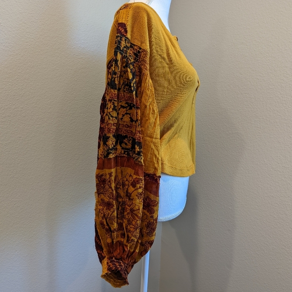 Free People Shirt Womens Mustard Suede Suntan Puff Sleeve Light Magic Henley XS - Picture 6 of 8